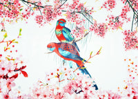 Blossom Birds wallpaper mural shown as a full-wall mural of red and blue parrots framed by pink cherry blossoms