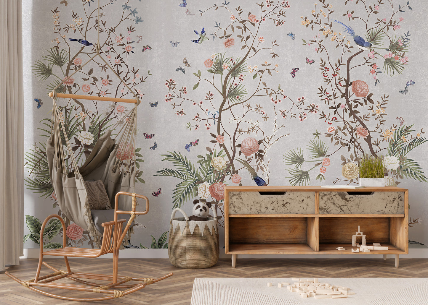 Blossoms Colorful Floral wallpaper mural styled along a hallway feature wall near a console in green tones