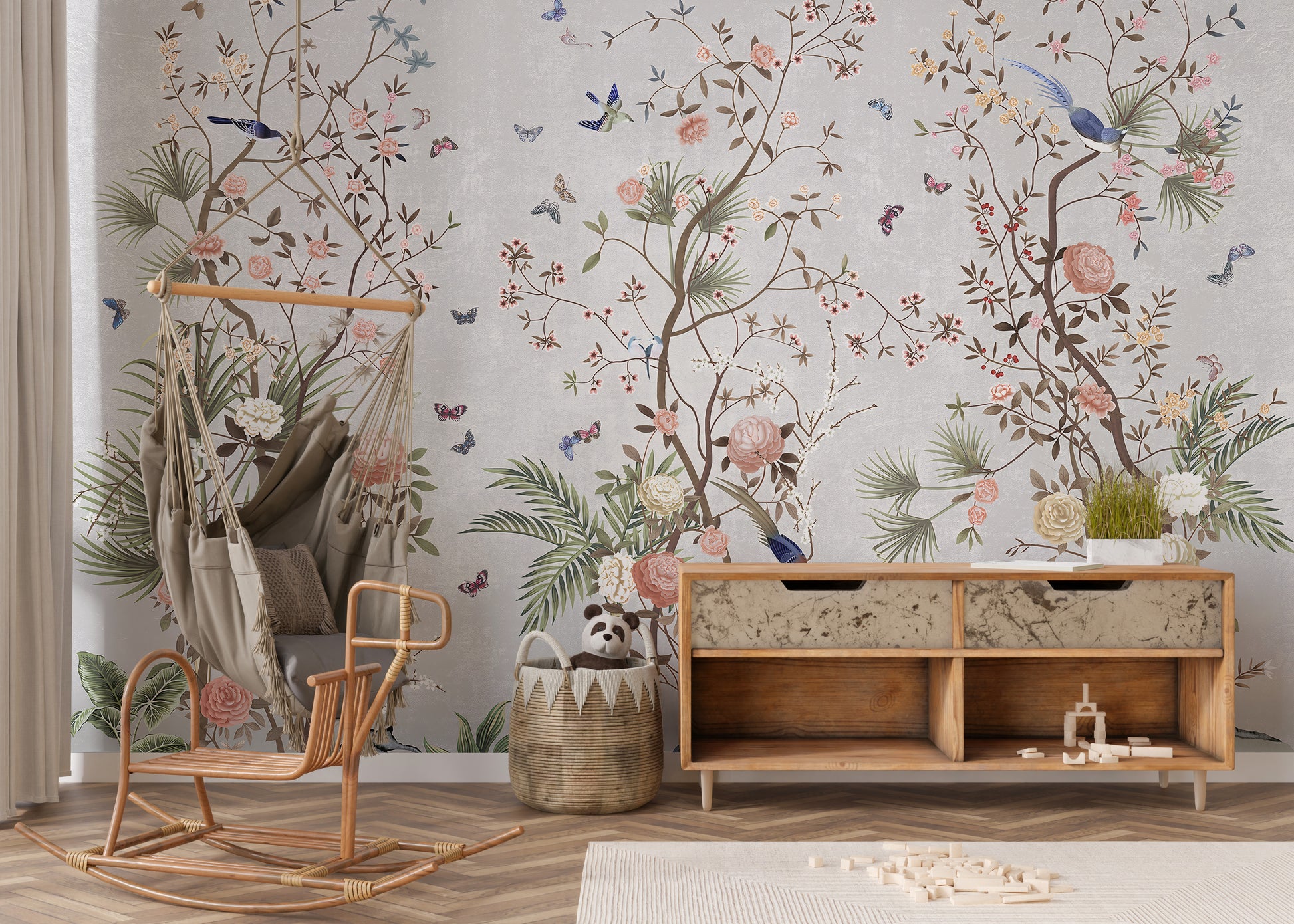 Blossoms Colorful Floral wallpaper mural styled along a hallway feature wall near a console in green tones