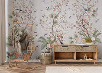 Blossoms Colorful Floral wallpaper mural styled along a hallway feature wall near a console in green tones