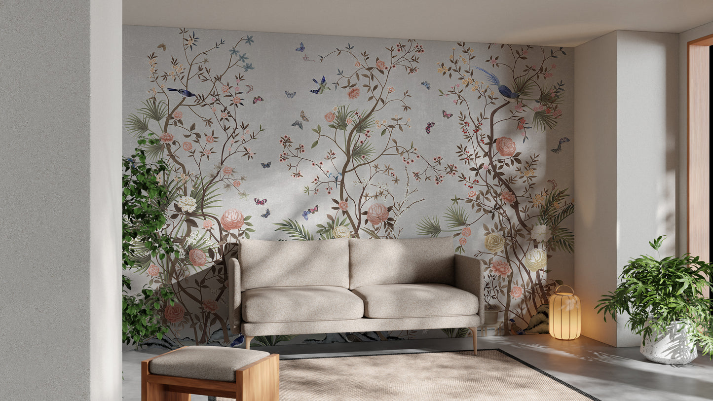 Blossoms Colorful Floral wallpaper mural as a feature wall in a home office workspace in green tones