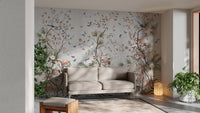 Blossoms Colorful Floral wallpaper mural as a feature wall in a home office workspace in green tones