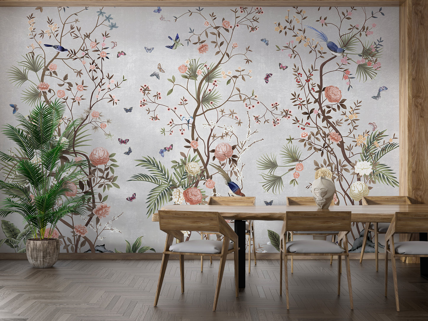 Blossoms Colorful Floral wallpaper mural styled as a feature wall behind a dining table and chairs in green tones