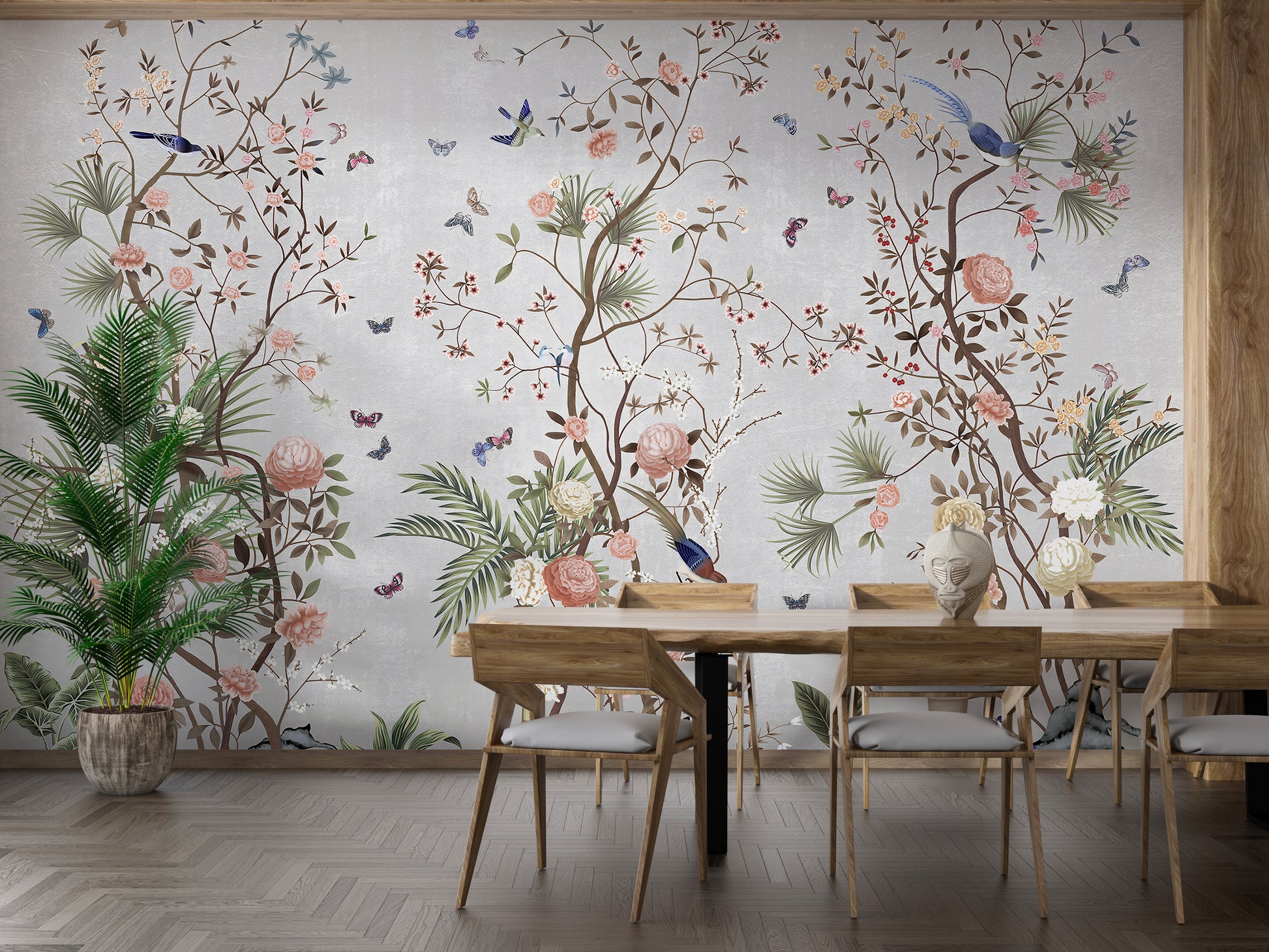 Blossoms Colorful Floral wallpaper mural styled as a feature wall behind a dining table and chairs in green tones
