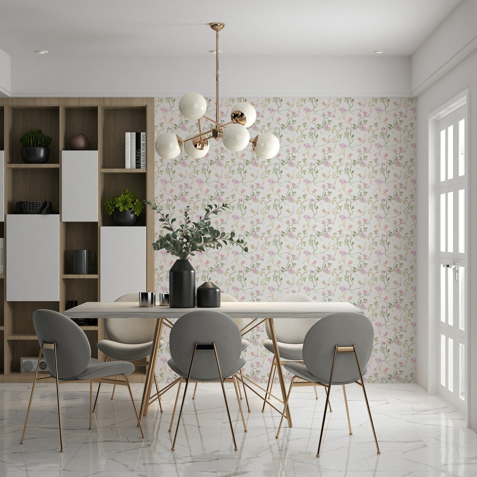 light floral wallpaper featuring tiny blossoms and flying birds on a cream background
