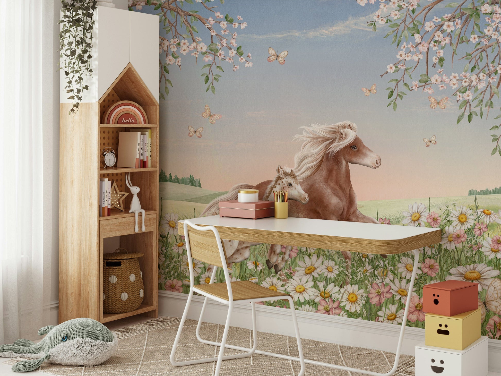 A serene floral animal wall mural for your decor.

