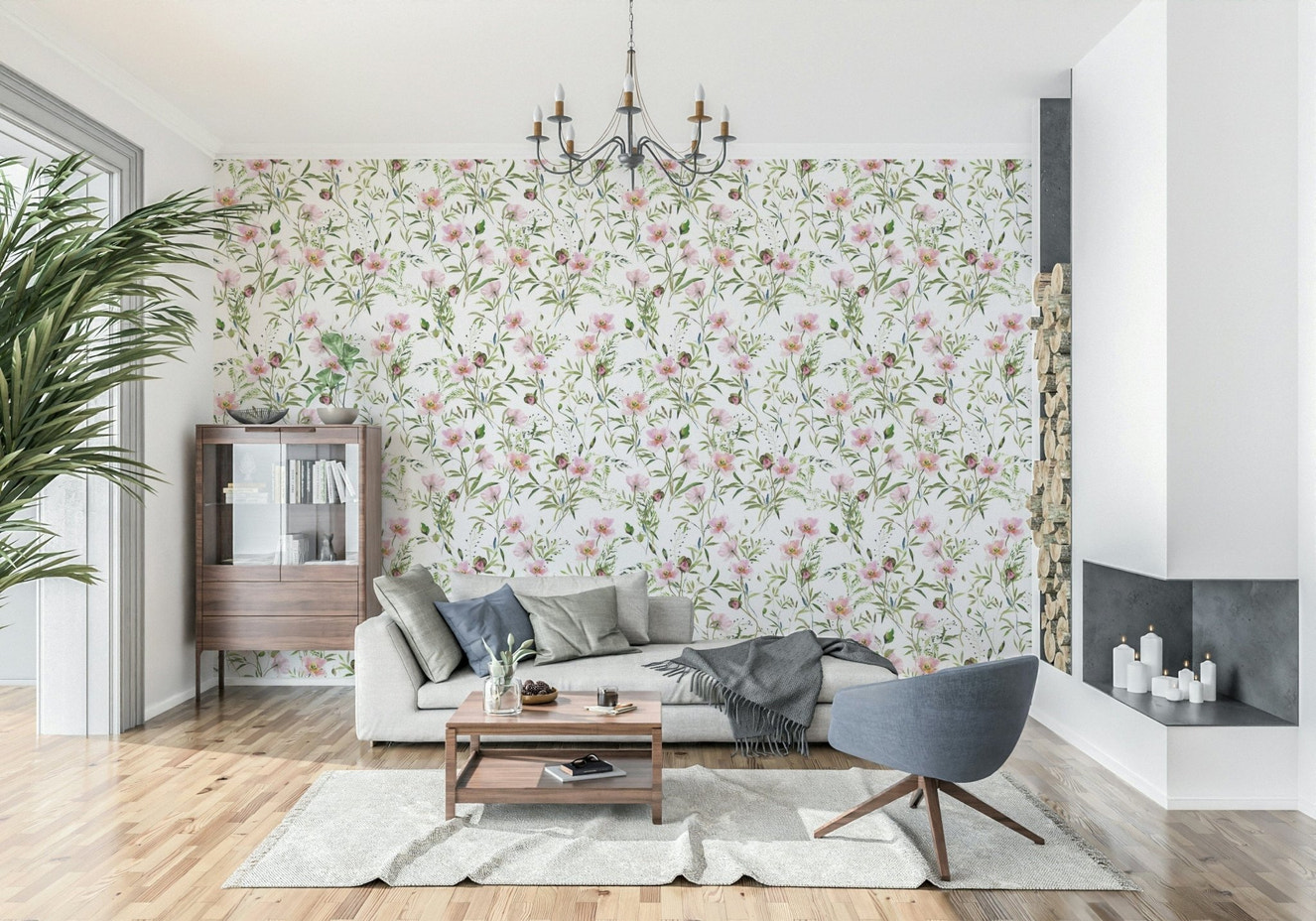 Blossom Hues watercolor pink poppy flower wallpaper for walls.