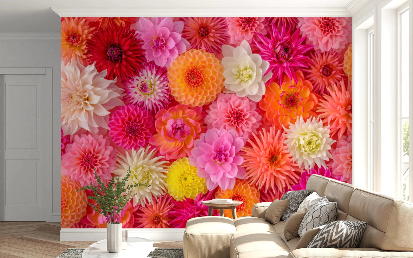 The Blossom Medley Wall Mural displays a colorful spectrum of round floral heads.