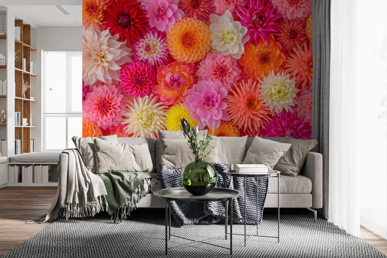 A rich collage of dahlias defines the Blossom Medley hallway Wall Mural floral pattern.