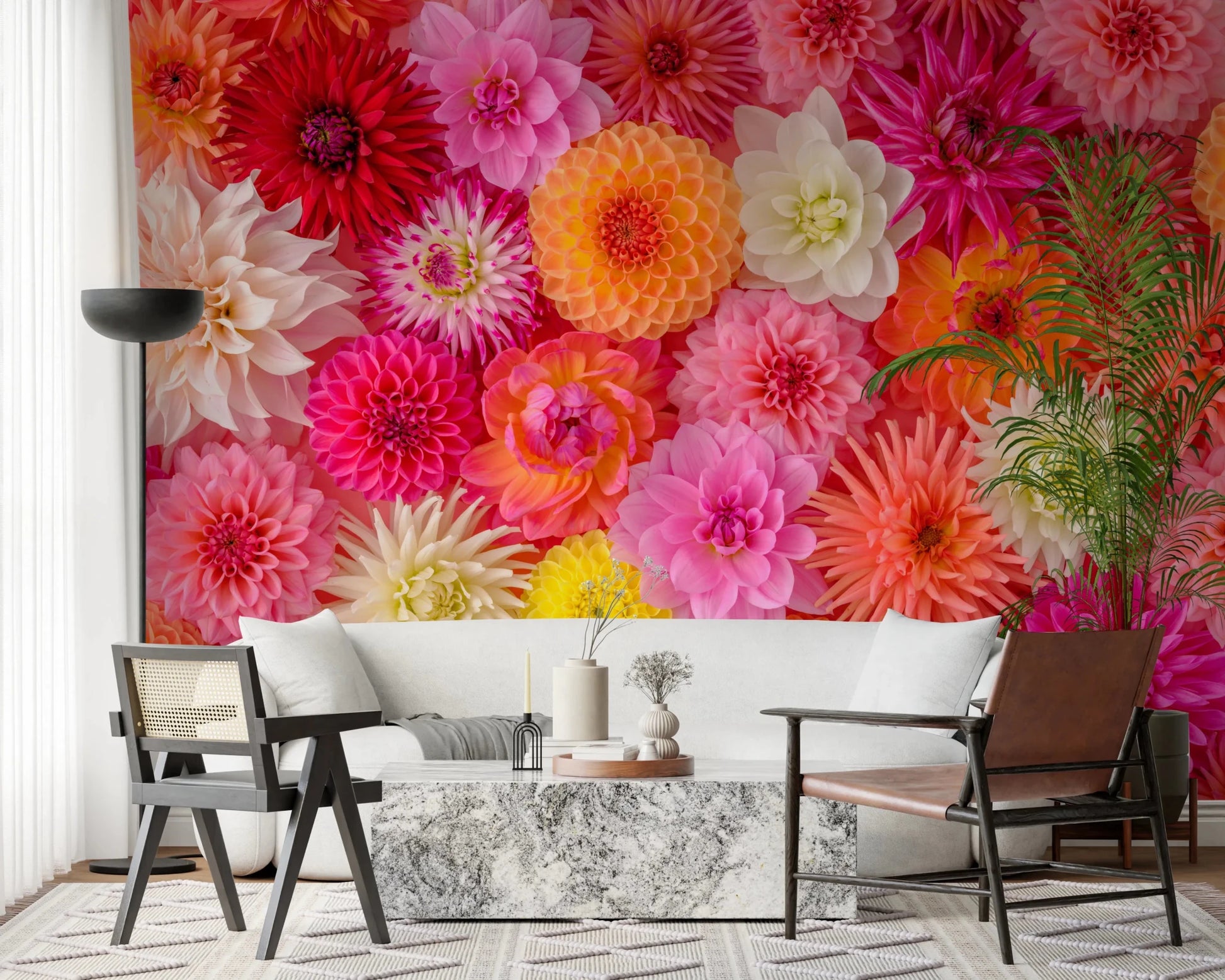 Warm golden and yellow dahlias stand out in the Blossom Medley Wall Mural design.