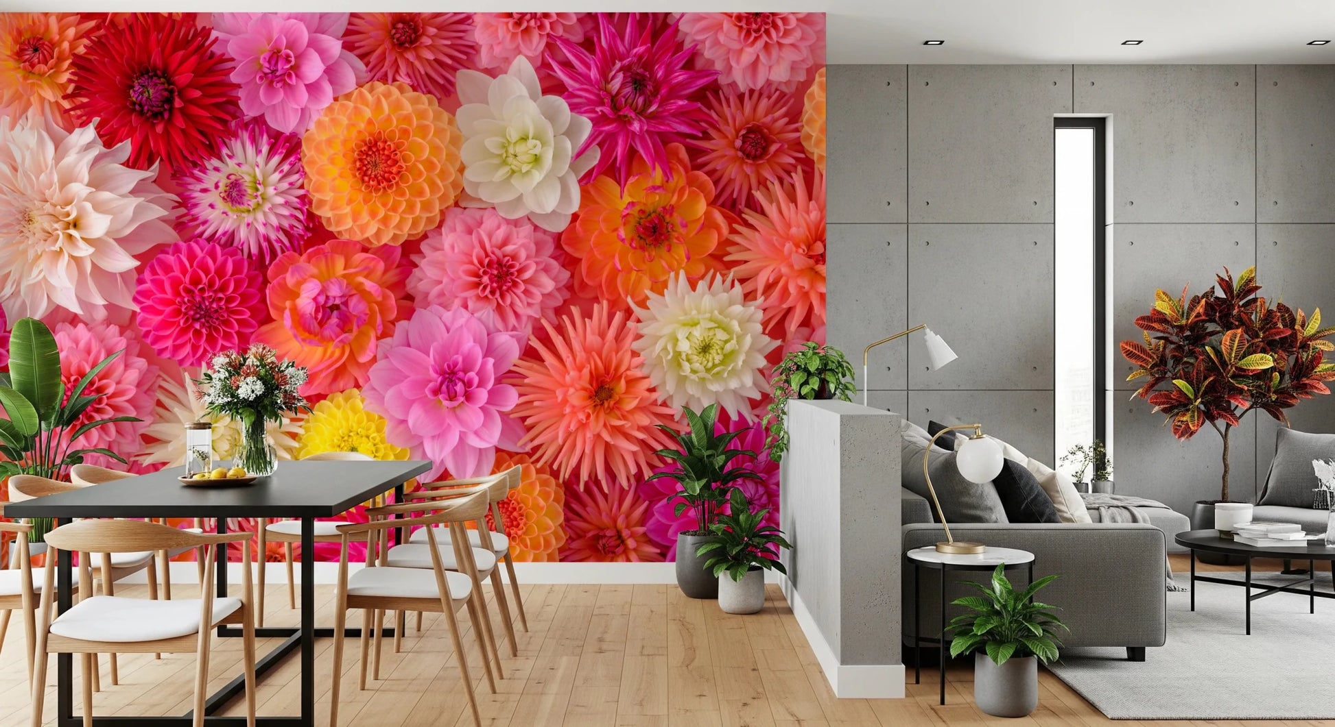 Vibrant dahlia blossoms create a dense texture on this Blossom Medley Wall Mural.