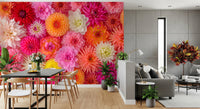 Vibrant dahlia blossoms create a dense texture on this Blossom Medley Wall Mural.