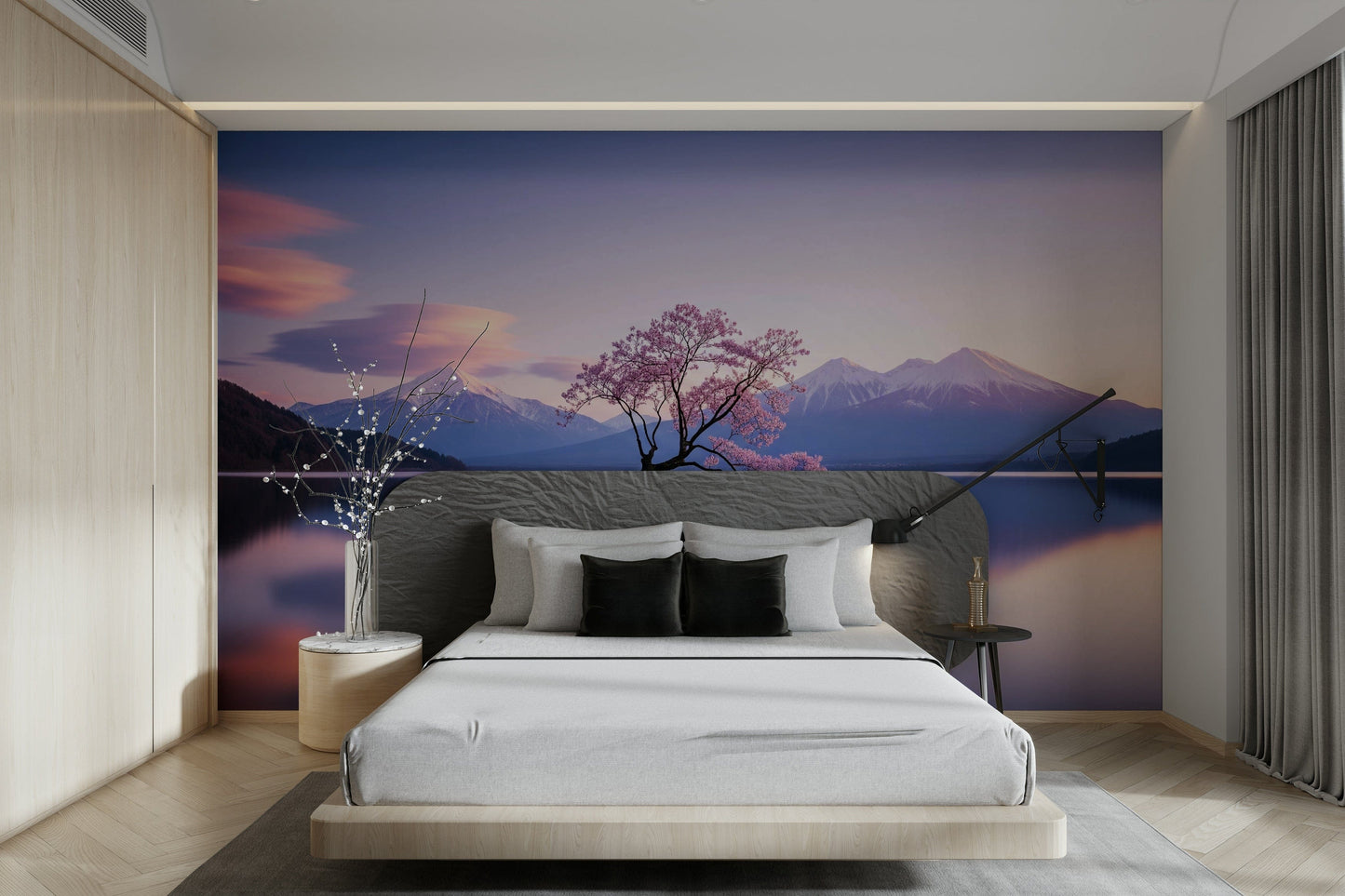 A minimalist interior with the blossom mountain wallpaper.