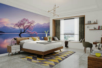 A detail shot of the elegant lines in the wallpaper.