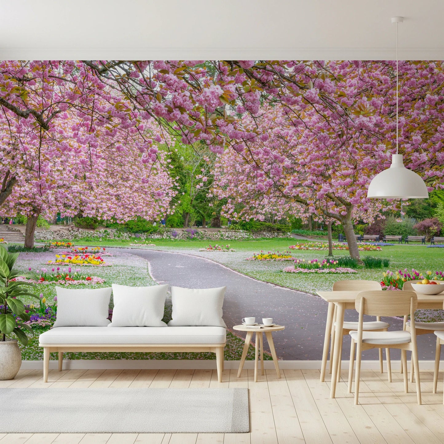 Serene Blossom Park Wall Mural with delicate spring flowers.