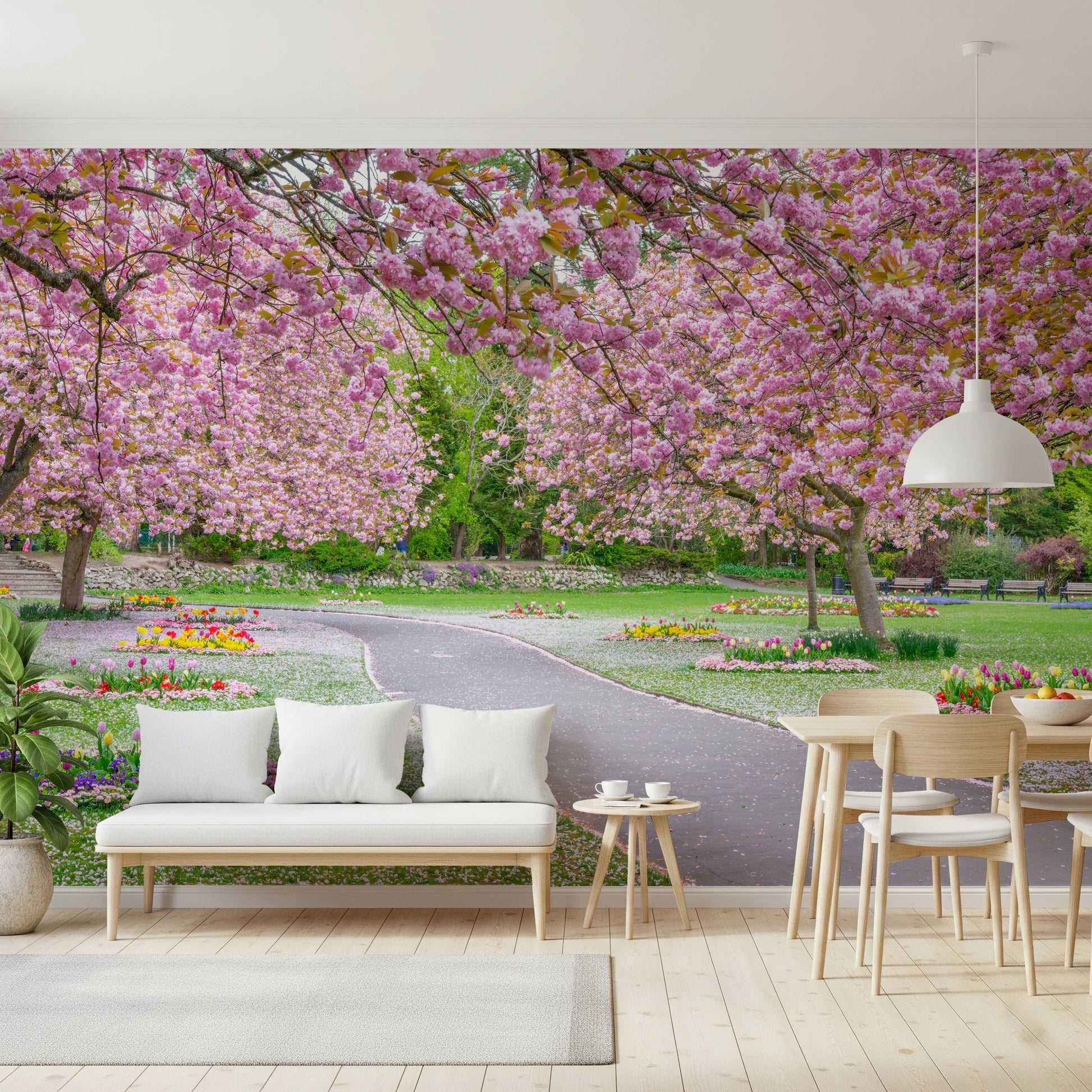 Serene Blossom Park Wall Mural with delicate spring flowers.