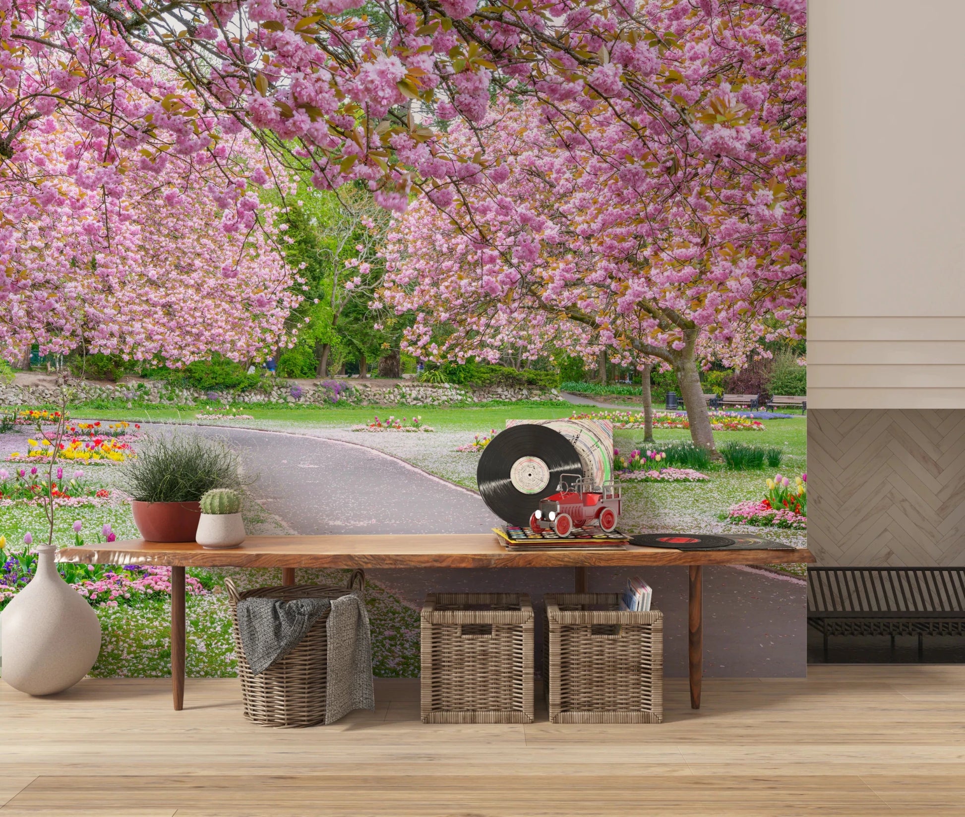 Sunny Blossom Park Wall Mural with blooming pink canopy.