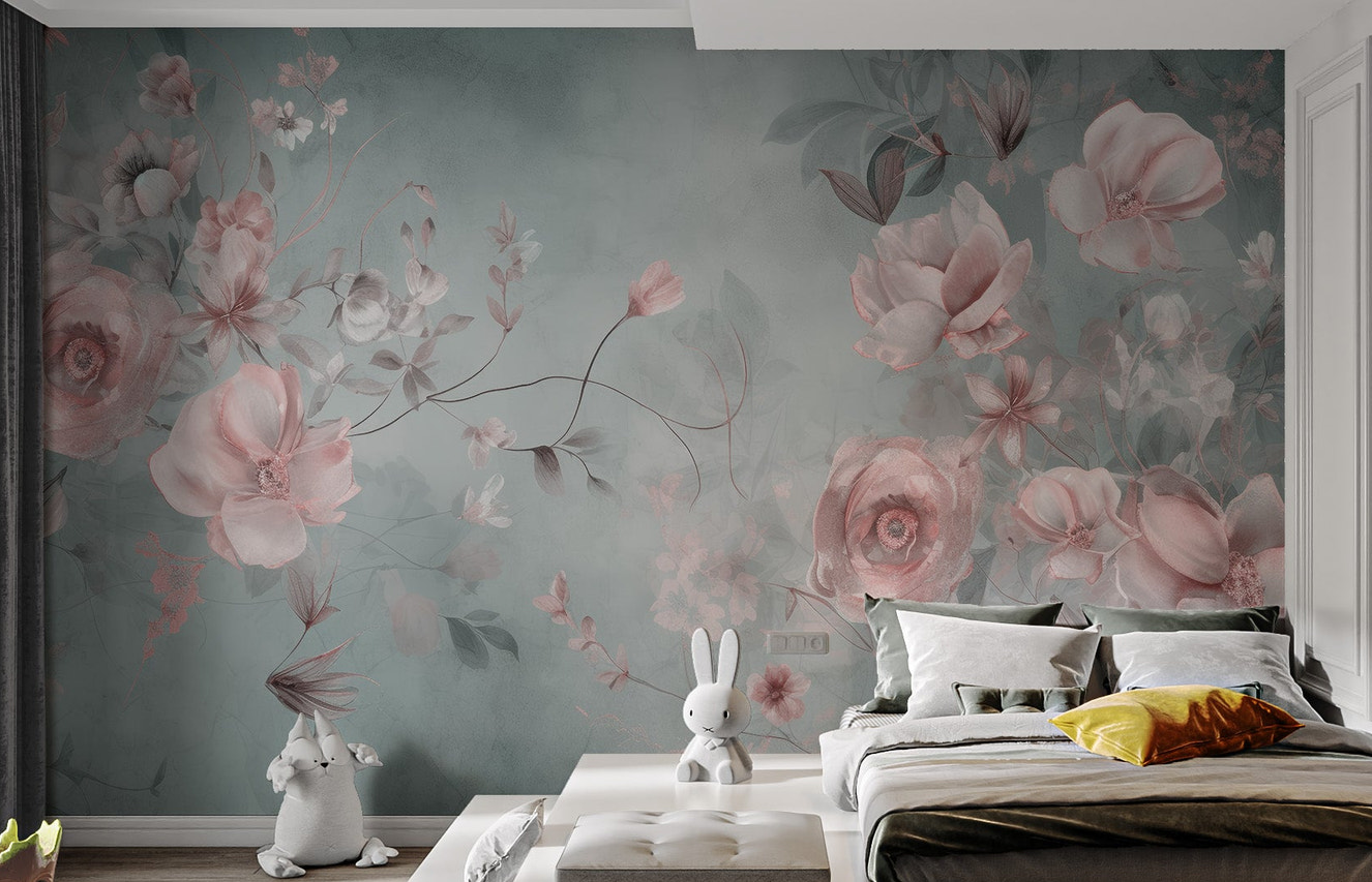 Soft pink flower mural for serene spaces