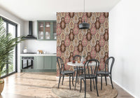 Blossom-inspired wallpaper with layered floral shapes in muted pink and beige tones.
