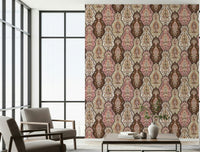 Elegant vintage floral wallpaper in soft pink and earthy brown hues.