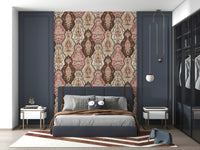 Ornate botanical wallpaper mural combining floral motifs with symmetrical decorative patterns.