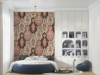 Textured floral wallpaper mural with pink, cream, and brown ornamental details.