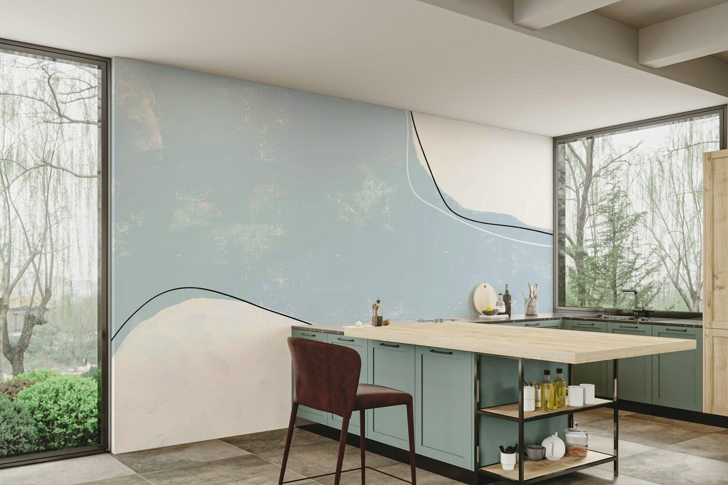 A beautiful modern art wall mural for a living room.

