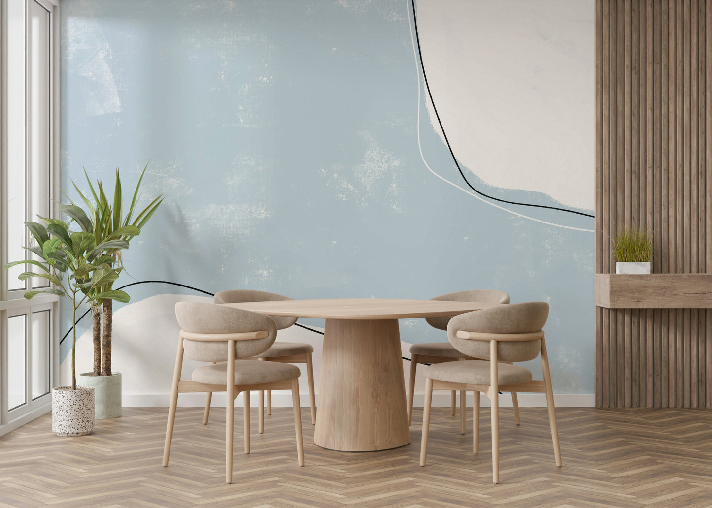 A graceful abstract stroke wall mural in cool, light tones.

