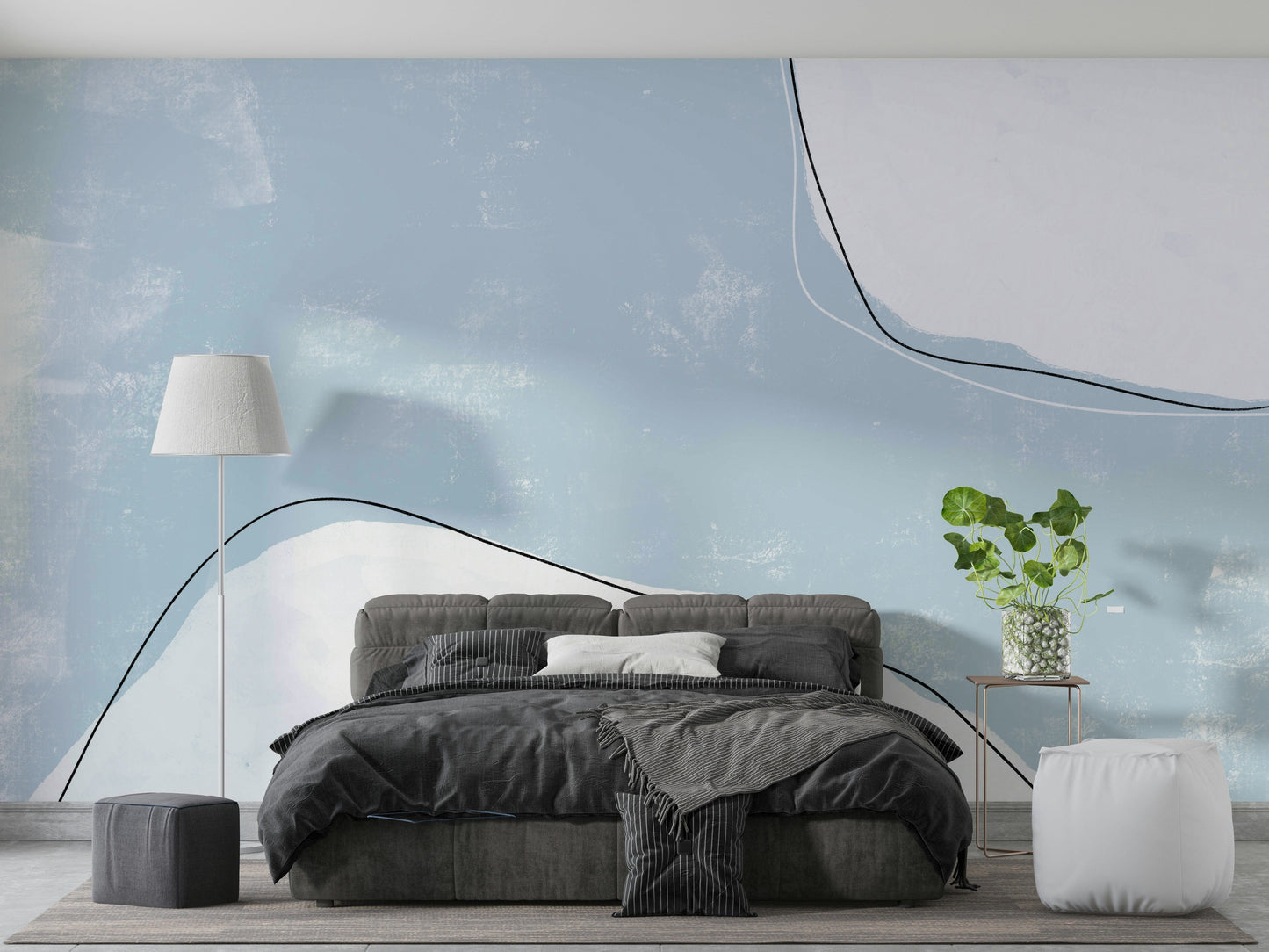 A contemplative soft blue wallpaper mural for a feature wall.


