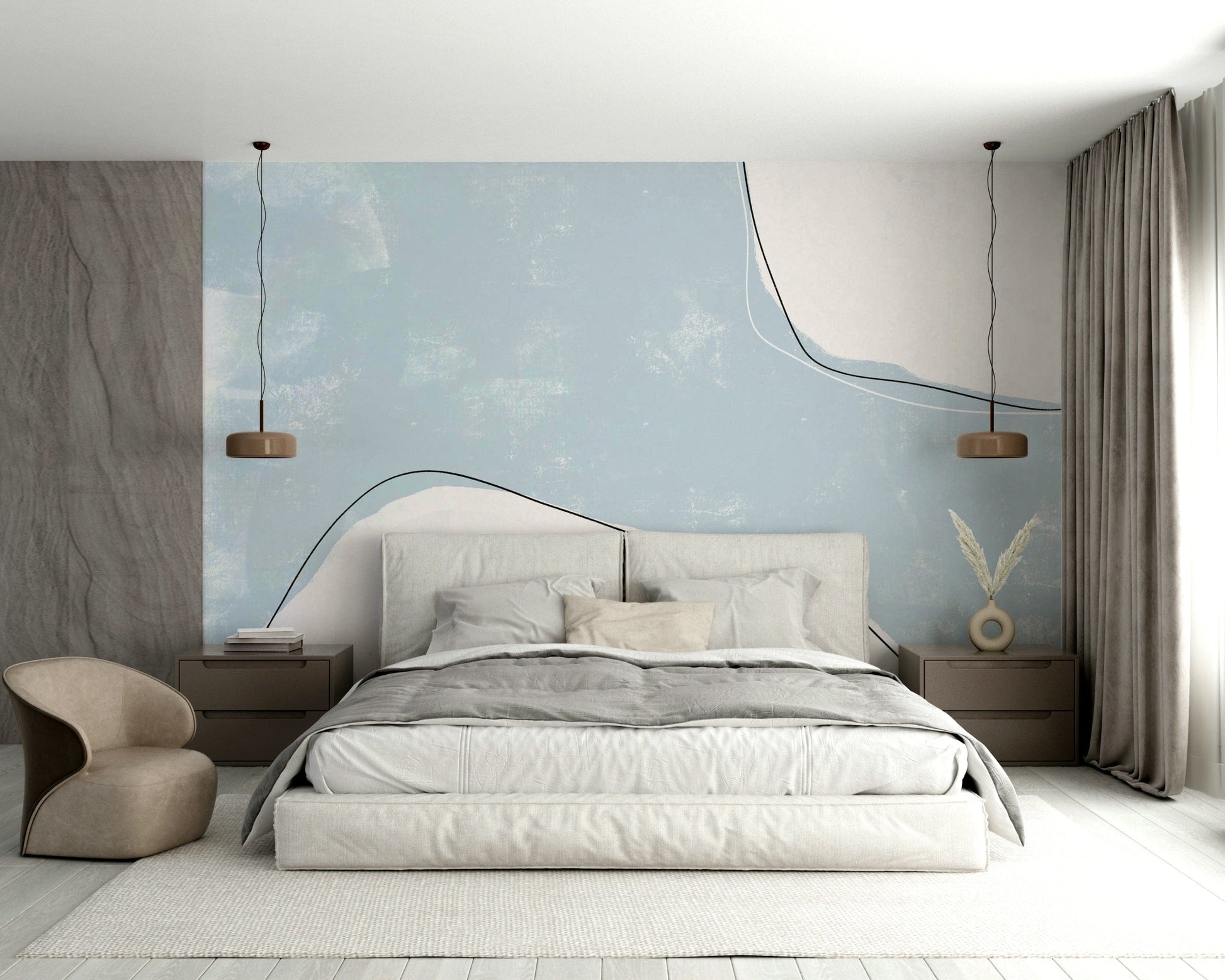 An artistic modern pattern mural on minimalist wallpaper.

