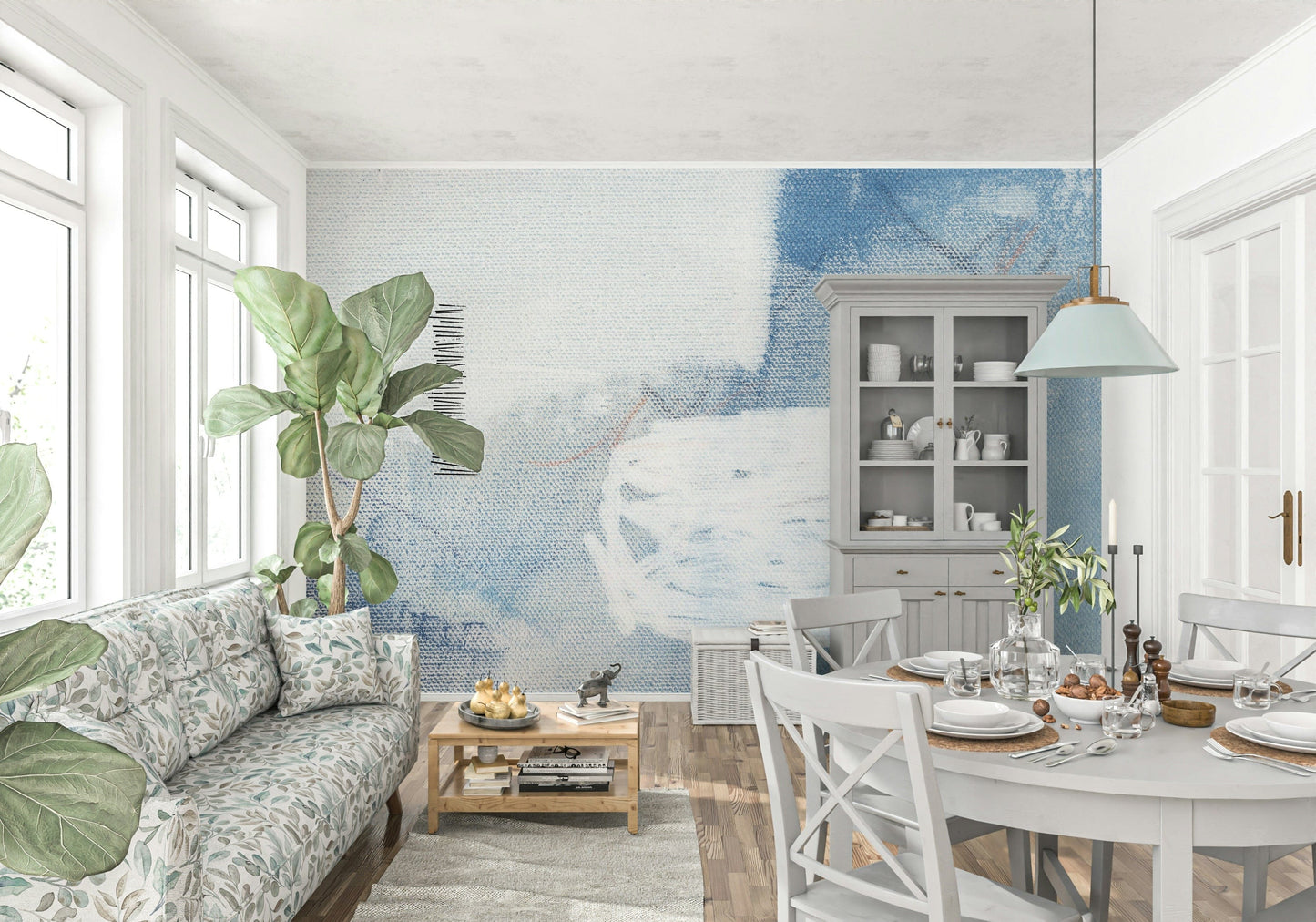 A calming abstract design wallpaper mural that defines a space.