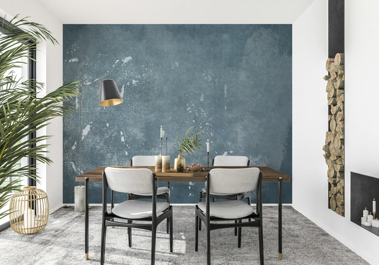 A beautiful abstract blue plaster wallpaper mural with a subtle, distressed texture.