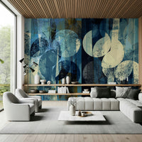 A beautiful abstract art wallpaper mural with indigo and dark blue flowing textures.