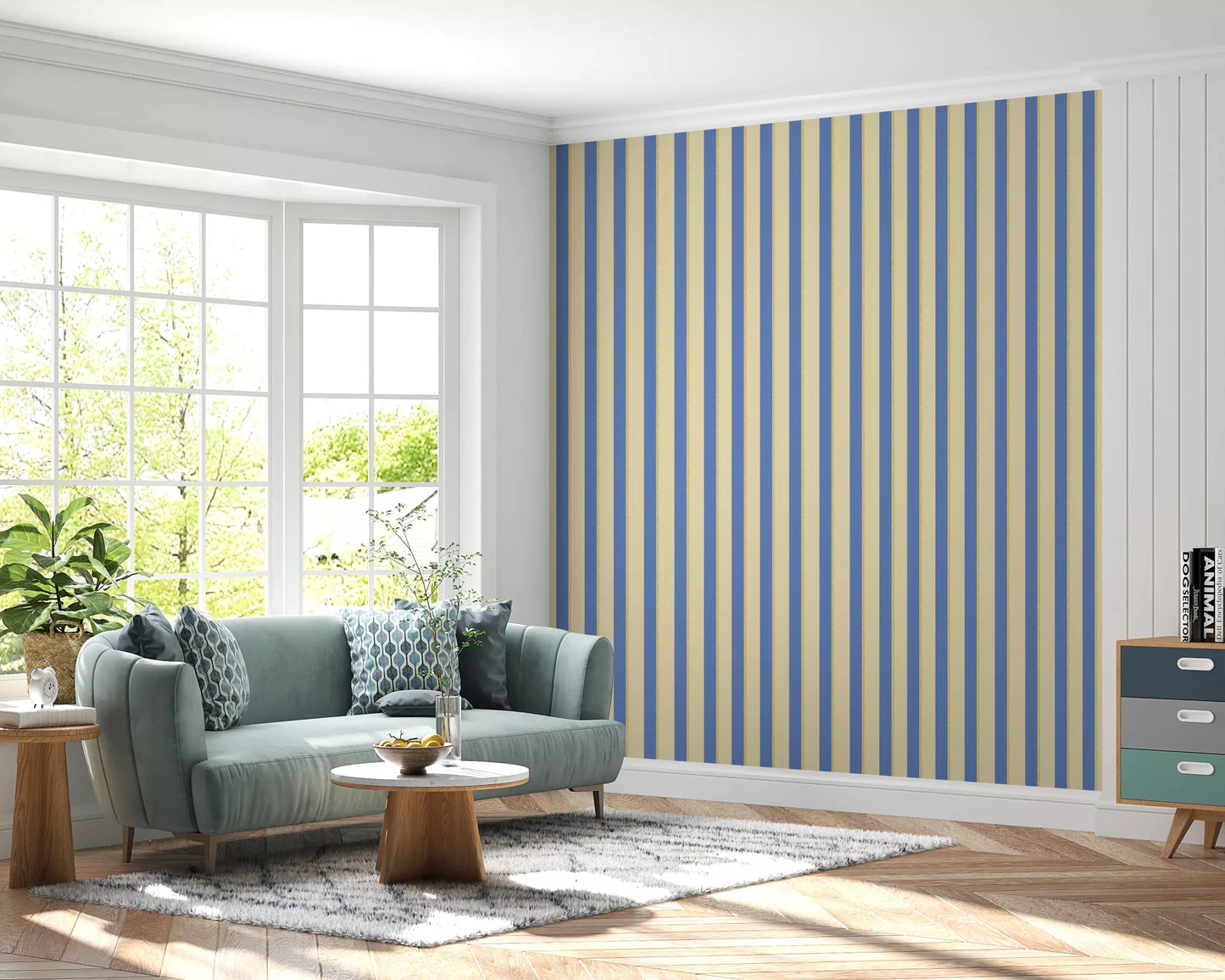 Cheerful blue and yellow hallway wallpaper featuring a classic candy stripe design.