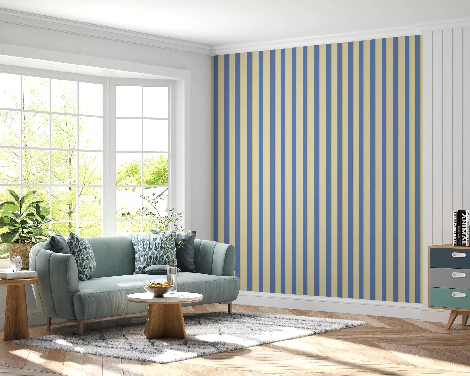 Cheerful blue and yellow hallway wallpaper featuring a classic candy stripe design.