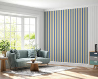 Cheerful blue and yellow hallway wallpaper featuring a classic candy stripe design.