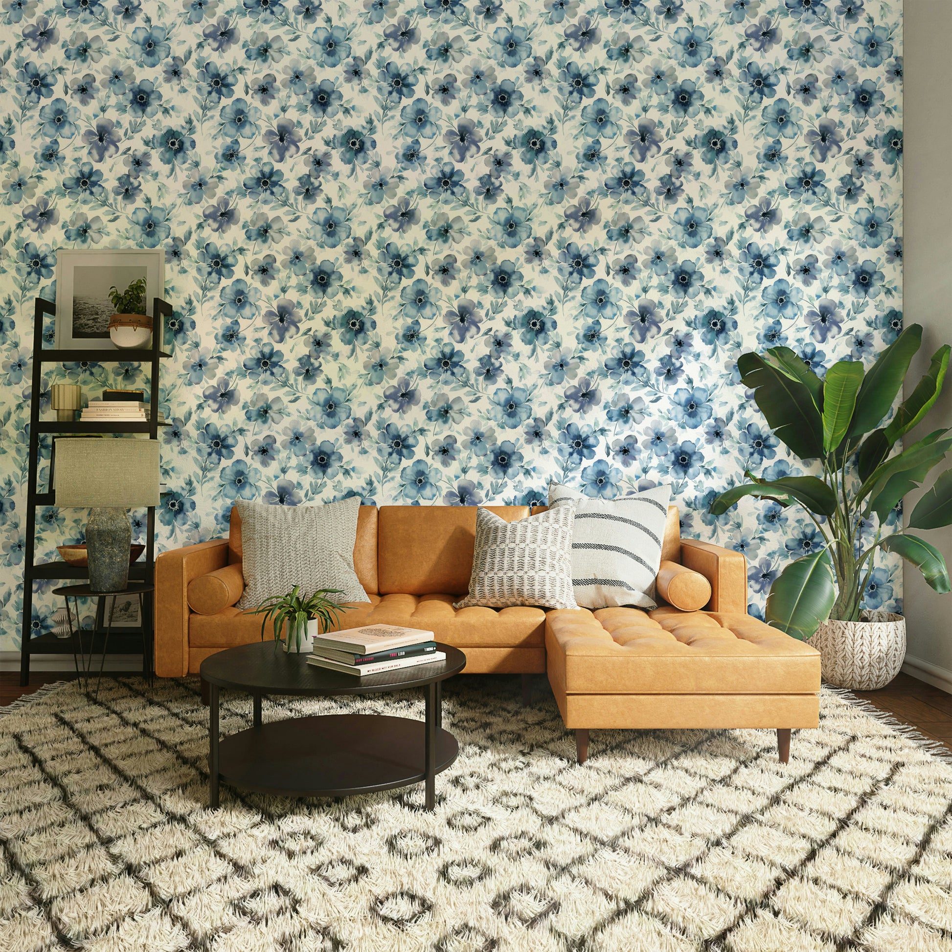 Blue anemone flower mural for modern interiors

