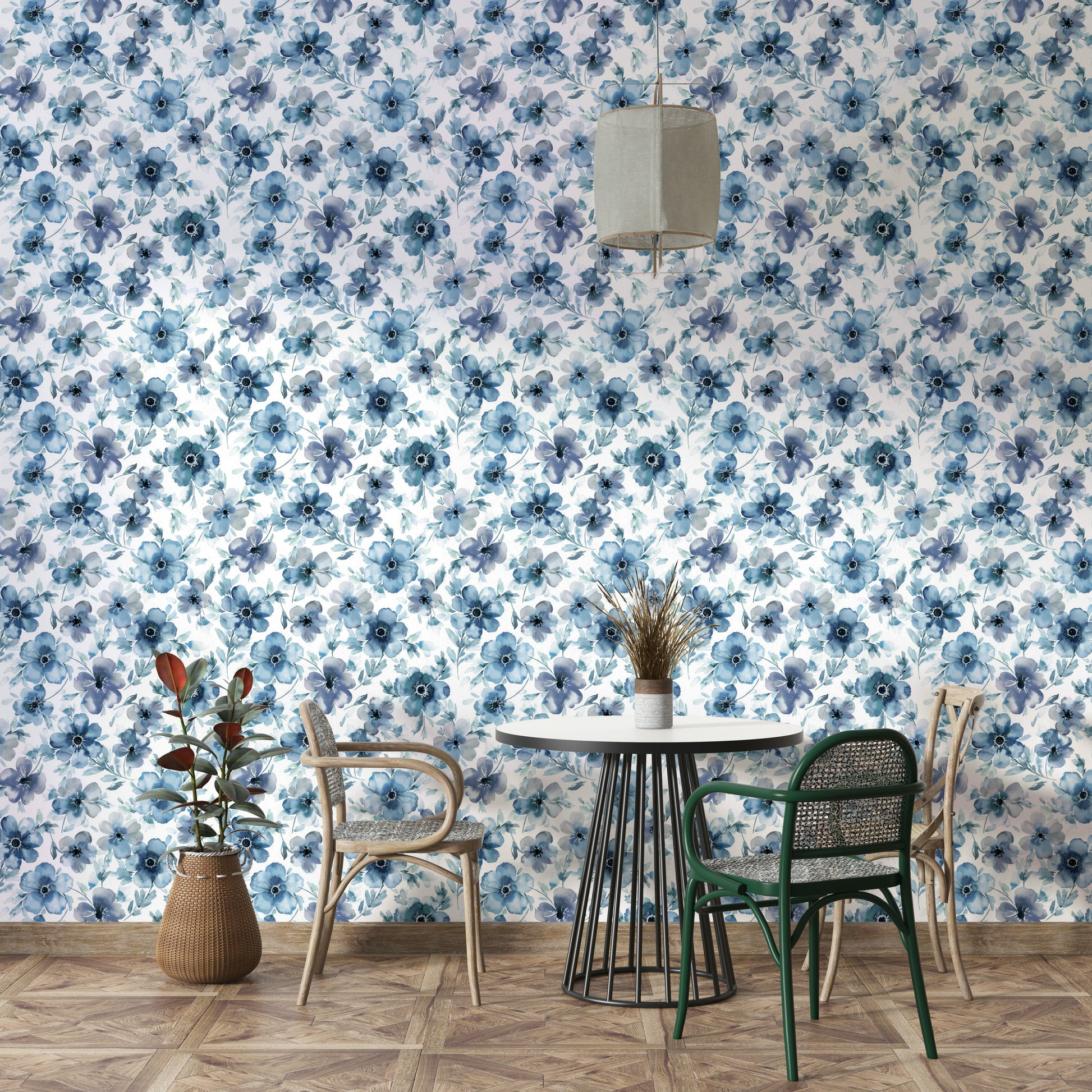 Watercolor blue anemones on botanical wallpaper

