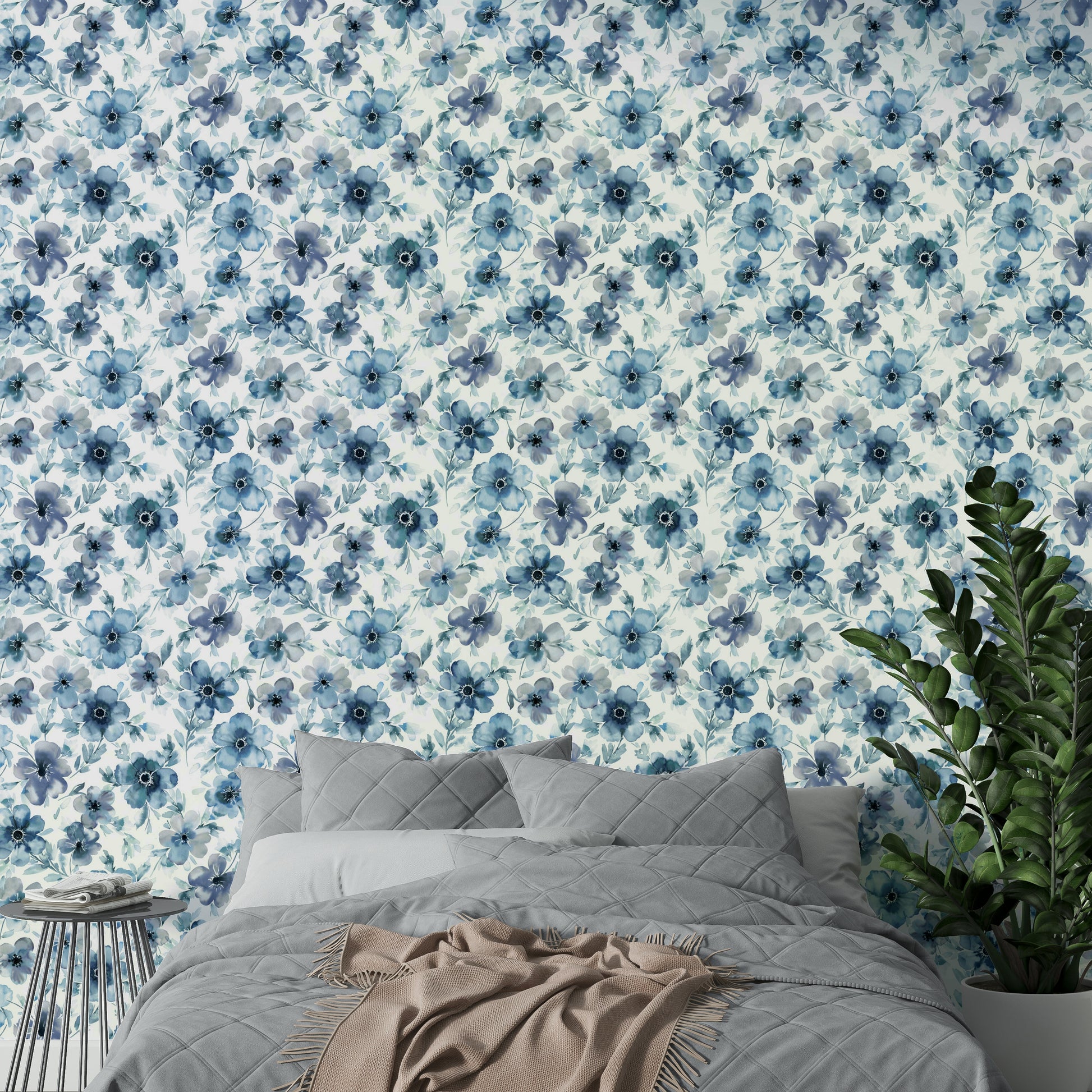 Blue anemones on white background wallpaper

