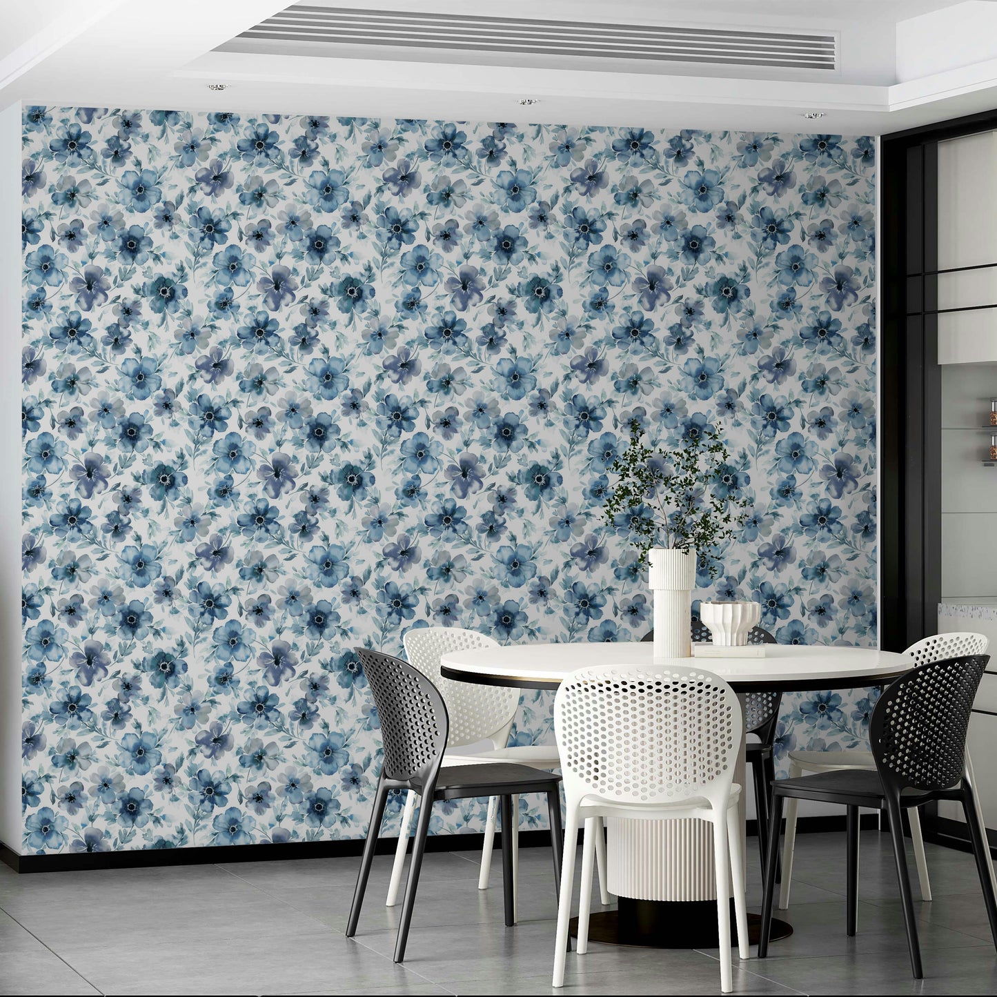 Floral wallpaper with soft blue anemones

