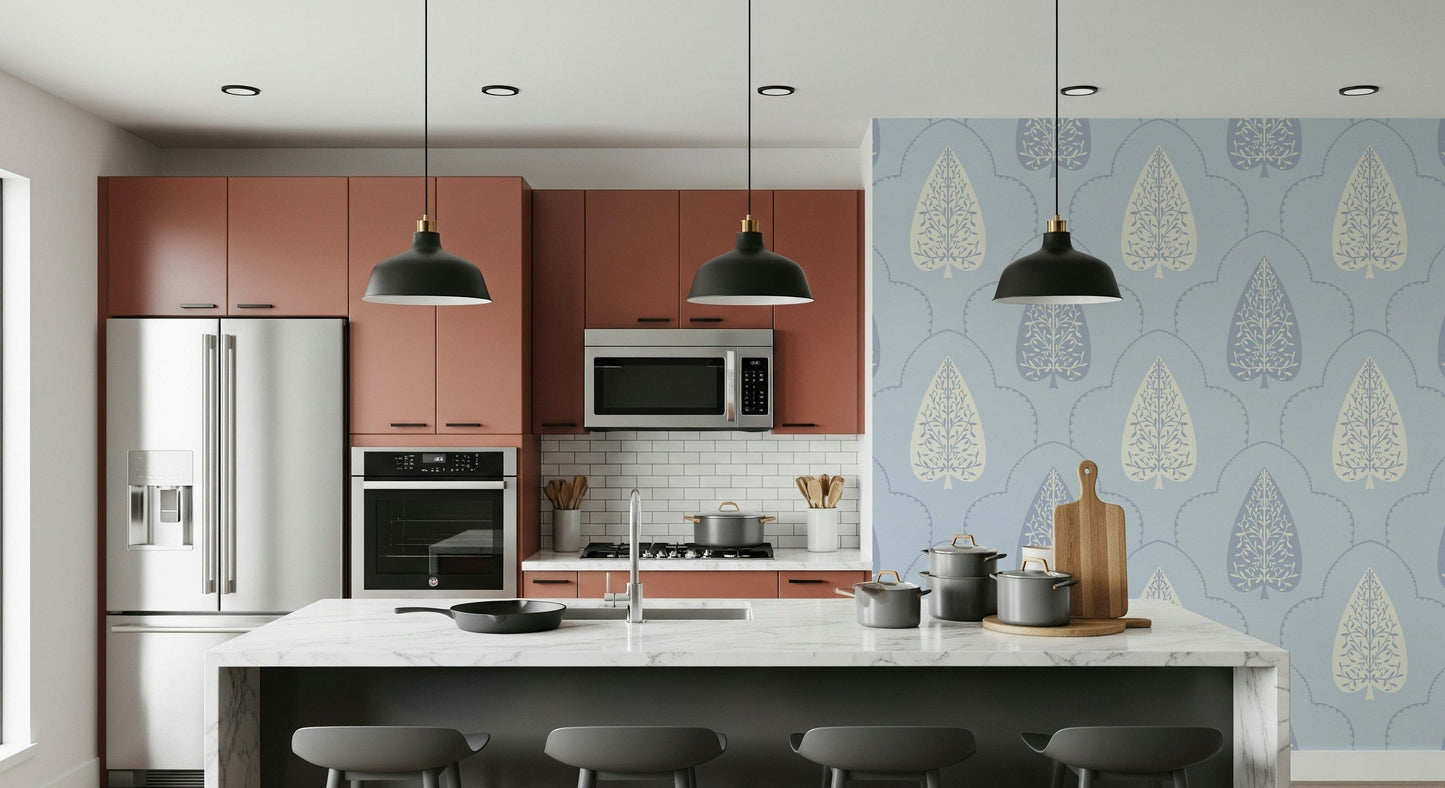 Classic white botanical wall mural, Arbor Branch Harmony, sophisticated room decor.