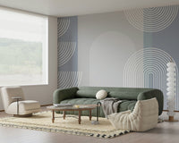 A peaceful geometric design mural on decorative wallpaper.