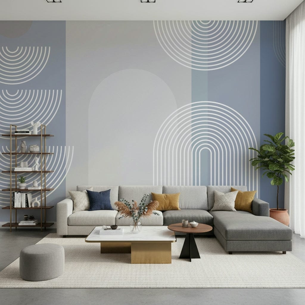 An artistic modern block mural on minimalist wallpaper.