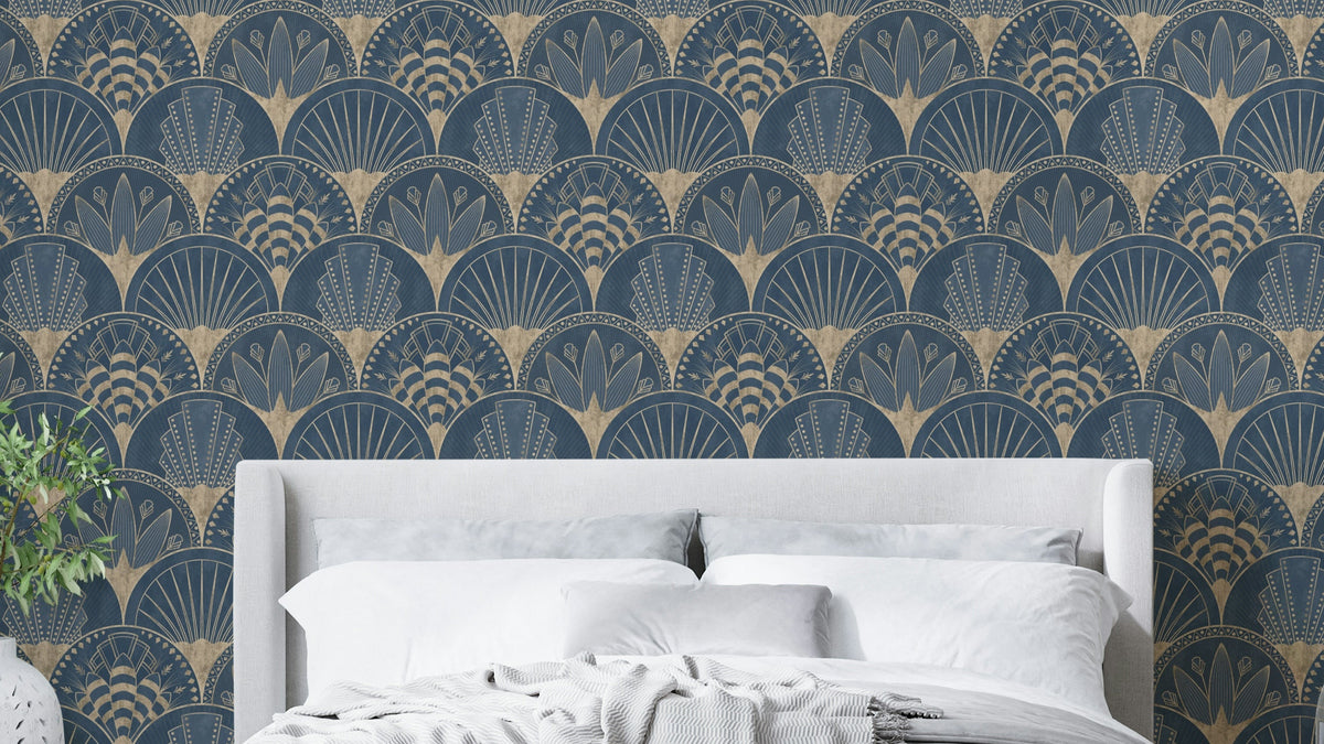 Blue and gold Art Deco wallpaper

