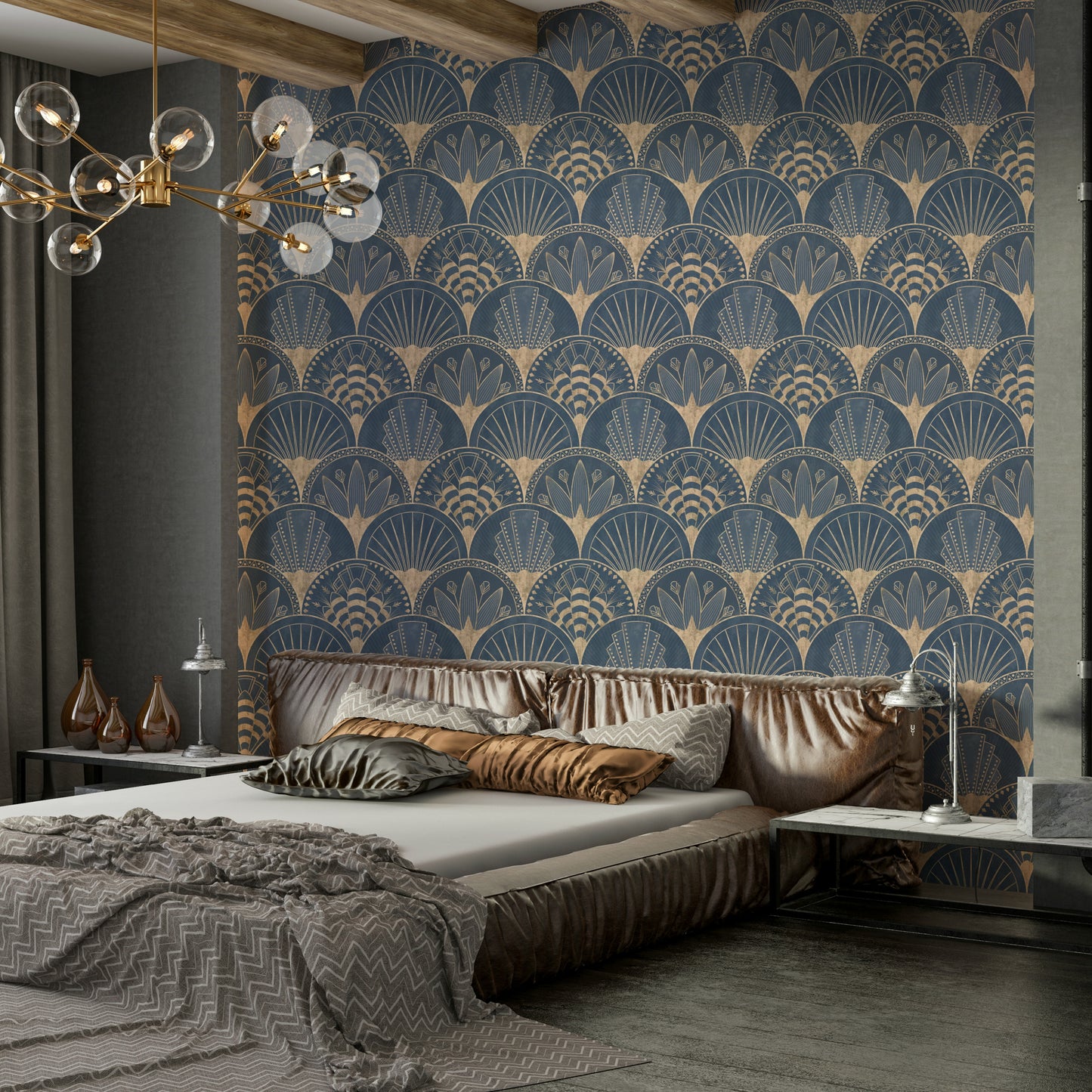 Deep blue fan motif wallpaper

