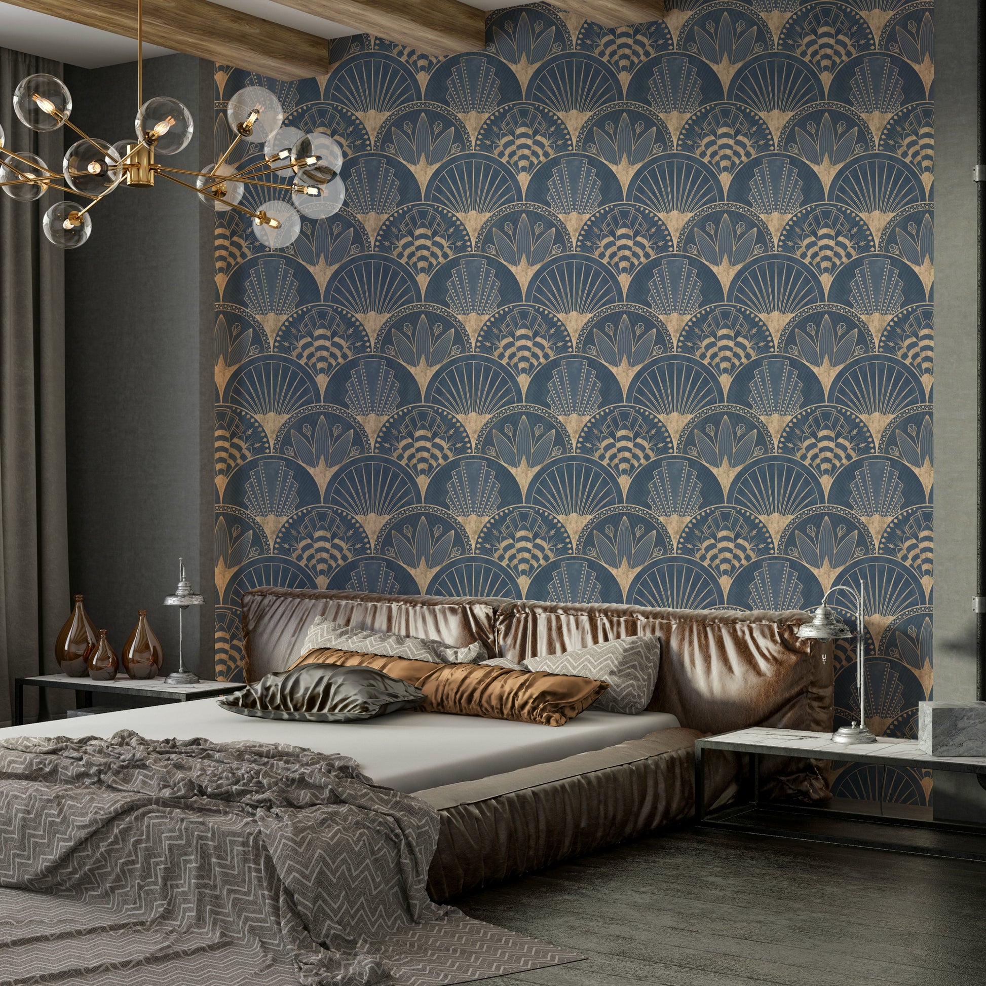 Deep blue fan motif wallpaper

