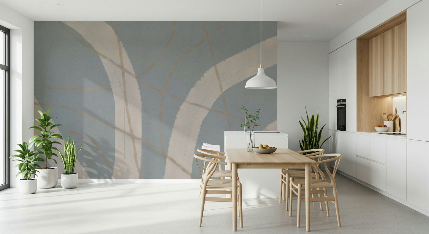 A contemplative fluid design wallpaper mural for a feature wall.