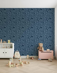 Folk Bird Botanical wallpaper for walls, azure foliage, subtle style.