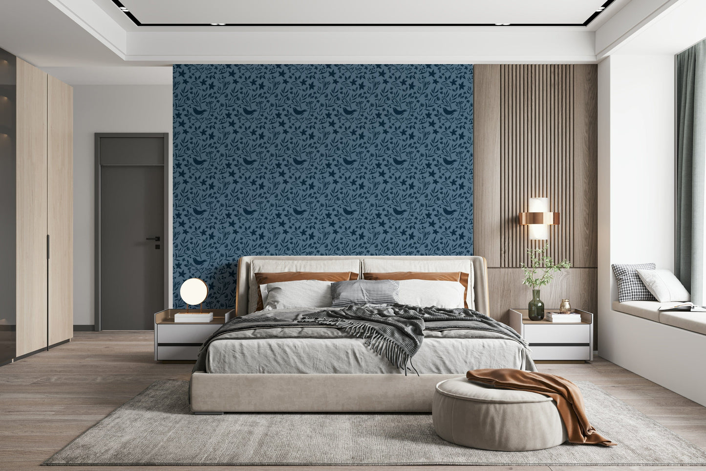 Calming wallpaper, navy blue silhouettes, peaceful avian theme.