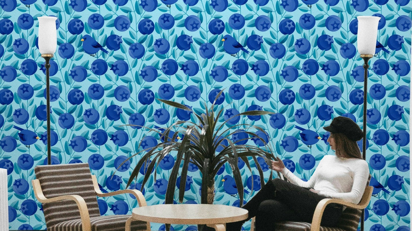 Blue birds among blueberries wallpaper

